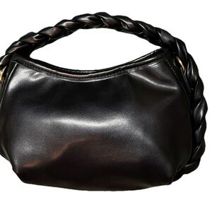Trendy Black Braided Handle Shoulder Bag Faux Leather Convertible purse